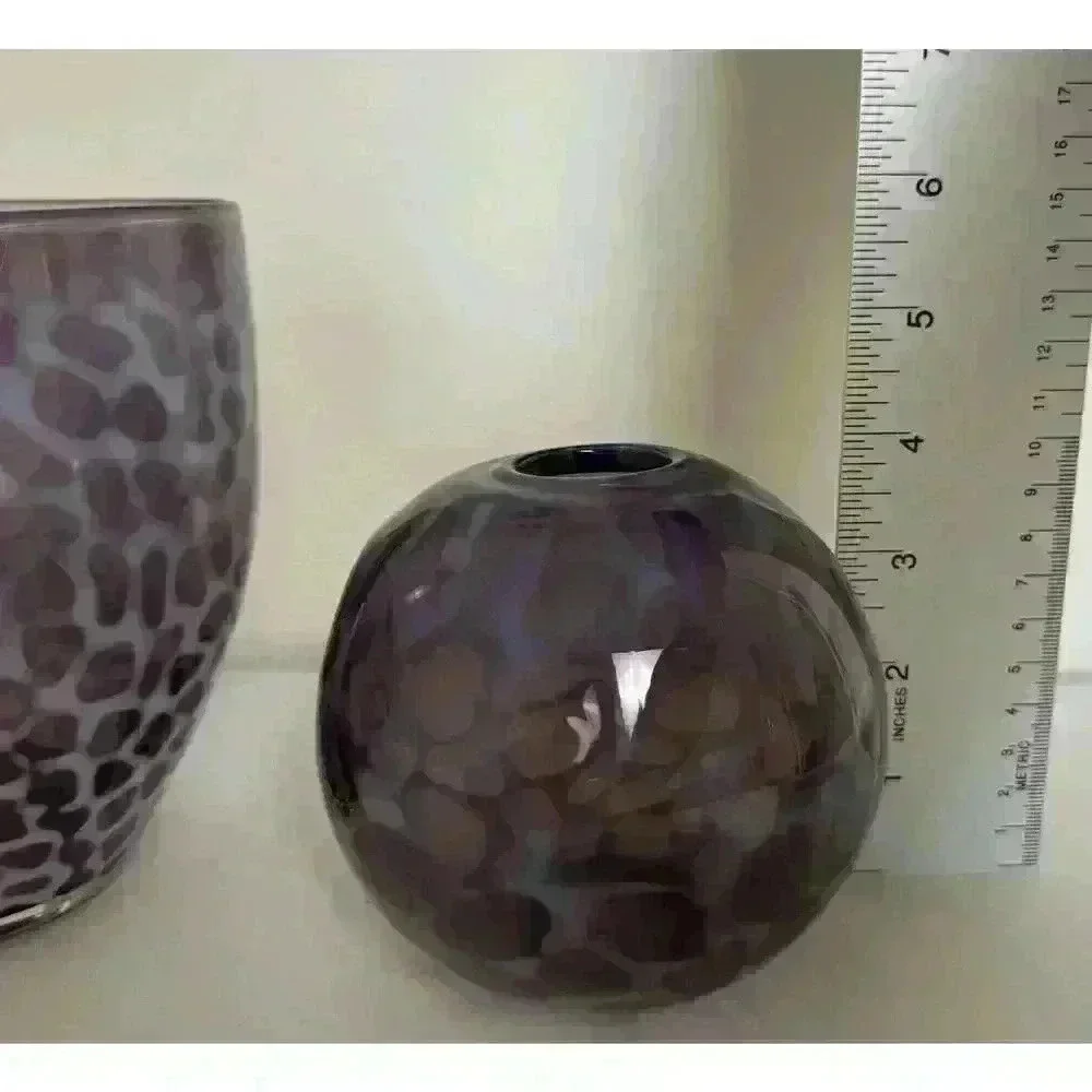 Two Hand Blown Art Glass Vases Purple Tortoise shell spots Clear pontil mark